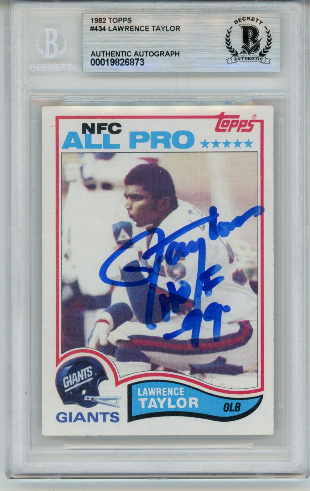 Lawrence Taylor Autographed 1982 Topps #434 HOF Trading Card Slab Beckett 57136