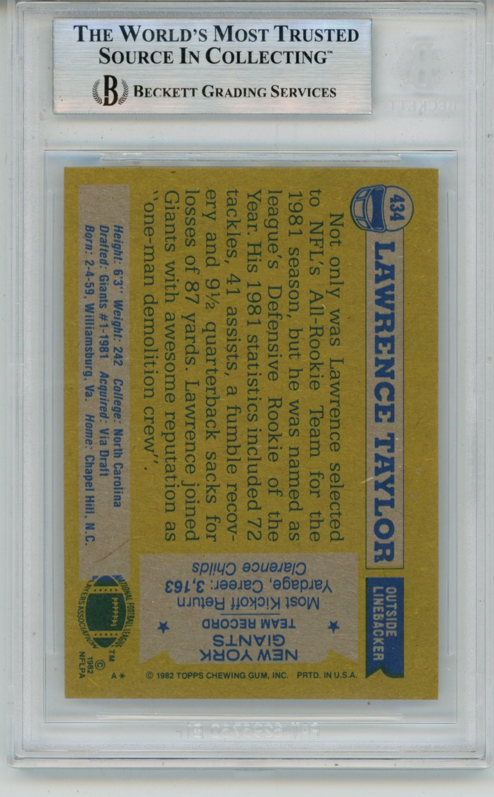 Lawrence Taylor Autographed 1982 Topps #434 HOF Trading Card Slab Beckett 57136 2 Lawrence Taylor Autographed 1982 Topps #434 HOF Trading Card Slab Beckett 57136