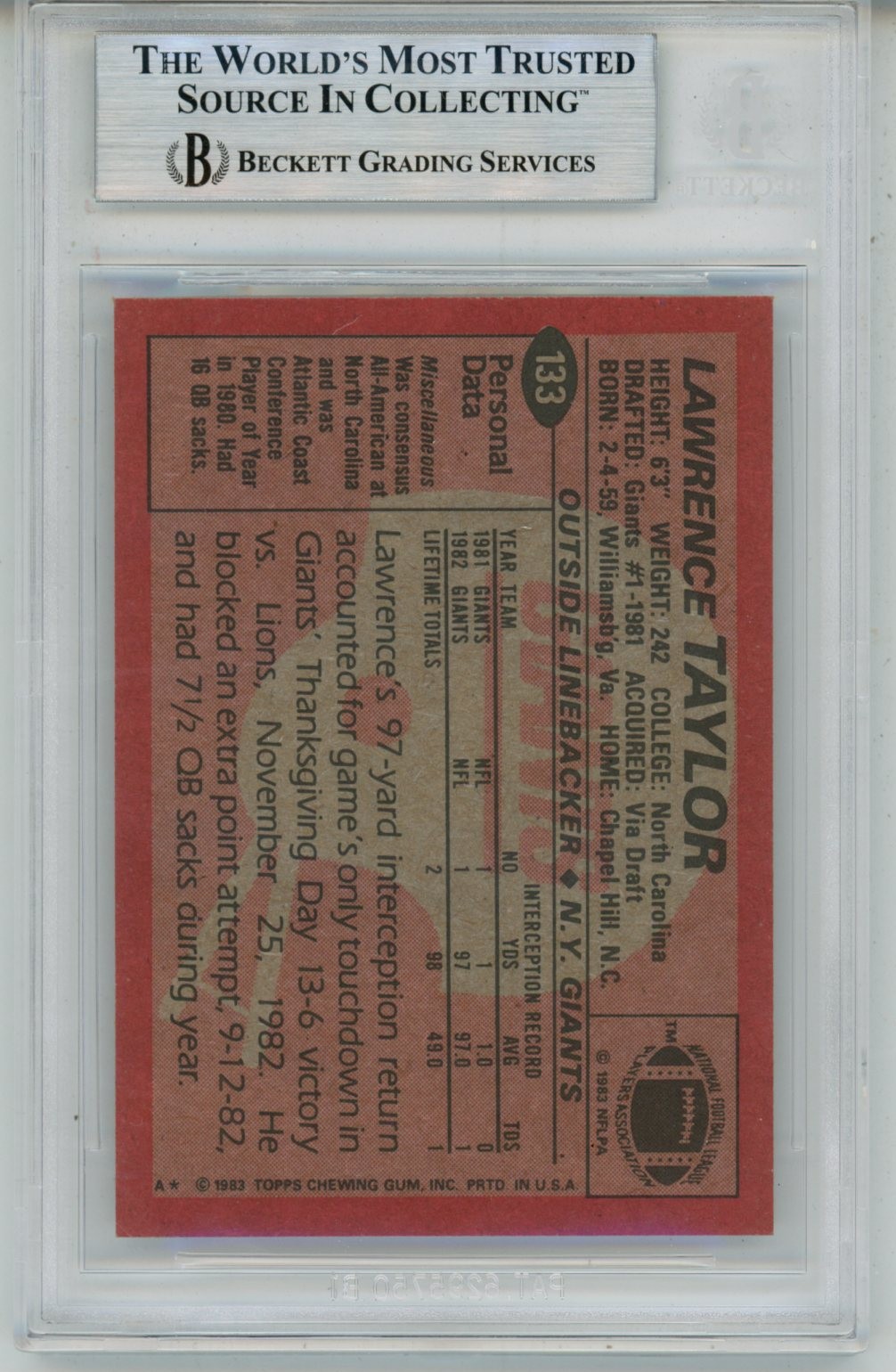 Lawrence Taylor Autographed 1983 Topps #133 Trading Card Slab Beckett 57111 2 Lawrence Taylor Autographed 1983 Topps #133 Trading Card Slab Beckett 57111