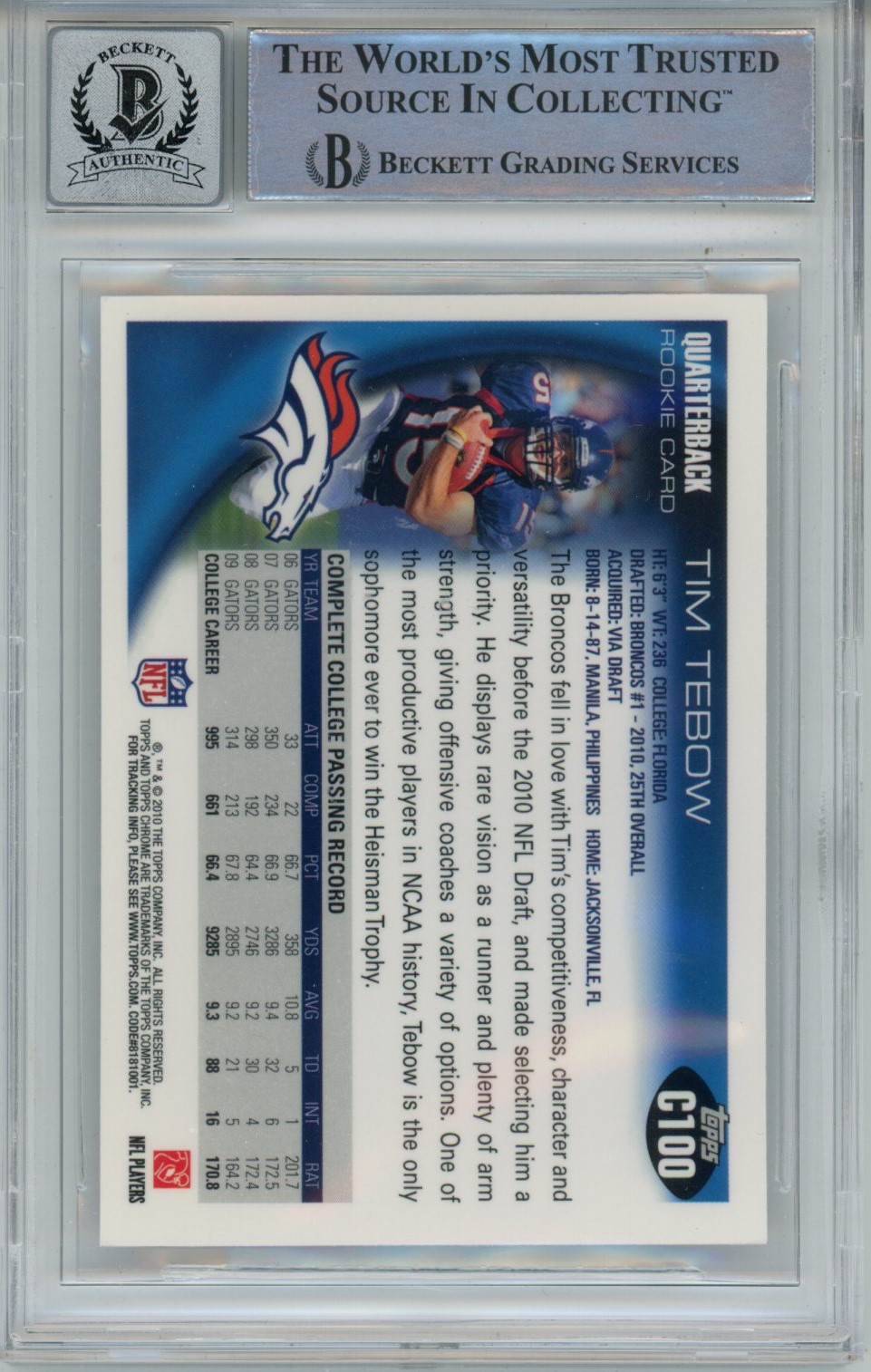 Tim Tebow Signed Denver Broncos 2010 Topps Grade 10 Auto Beckett