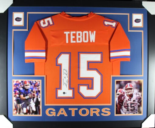 Tim Tebow Autographed/Signed College Style Orange XL Framed Jersey Beckett 51208