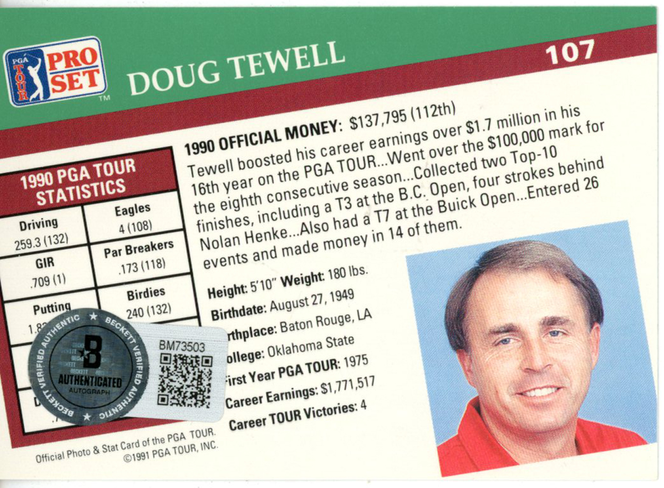 Doug Tewell Autographed 1991 Pro Set #107 Trading Card Beckett 44902