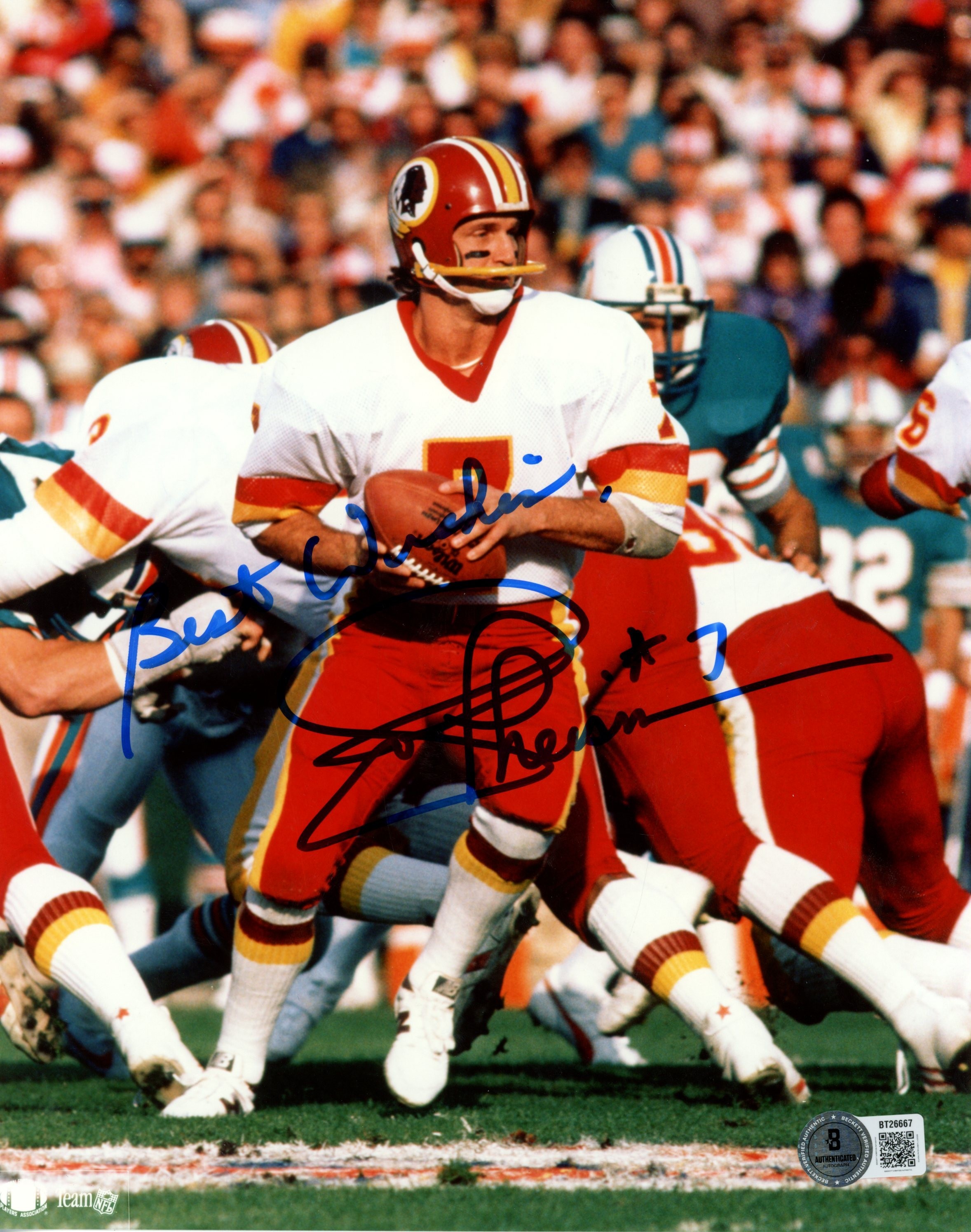 Joe Theismann Autographed/Signed Washington Redskins 8x10 Photo Beckett 56674