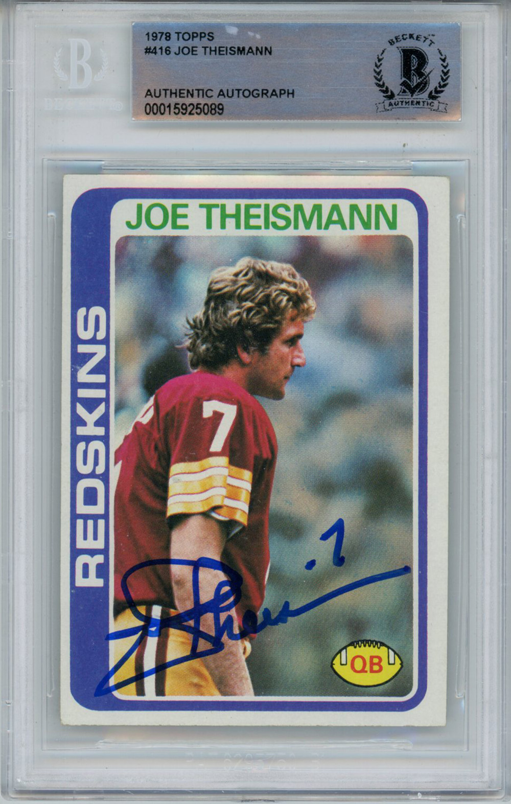 Joe Theismann Autographed 1978 Topps #416 Trading Card Beckett Slab