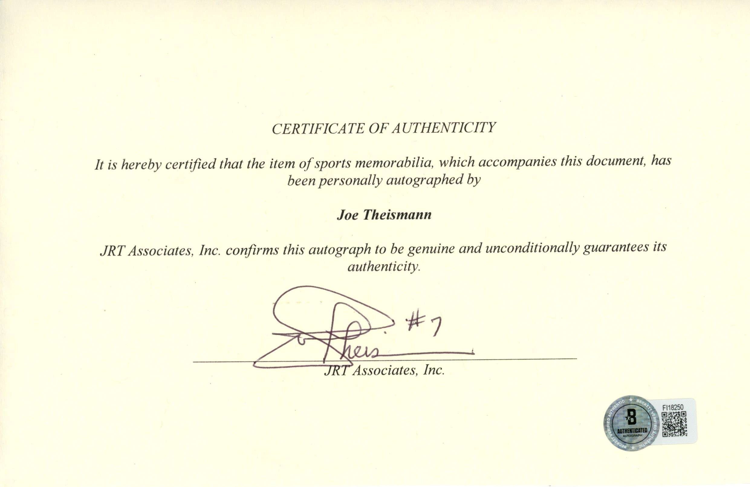 Joe Theismann Autographed Washington Redskins Certificate Genuine Beckett 57239