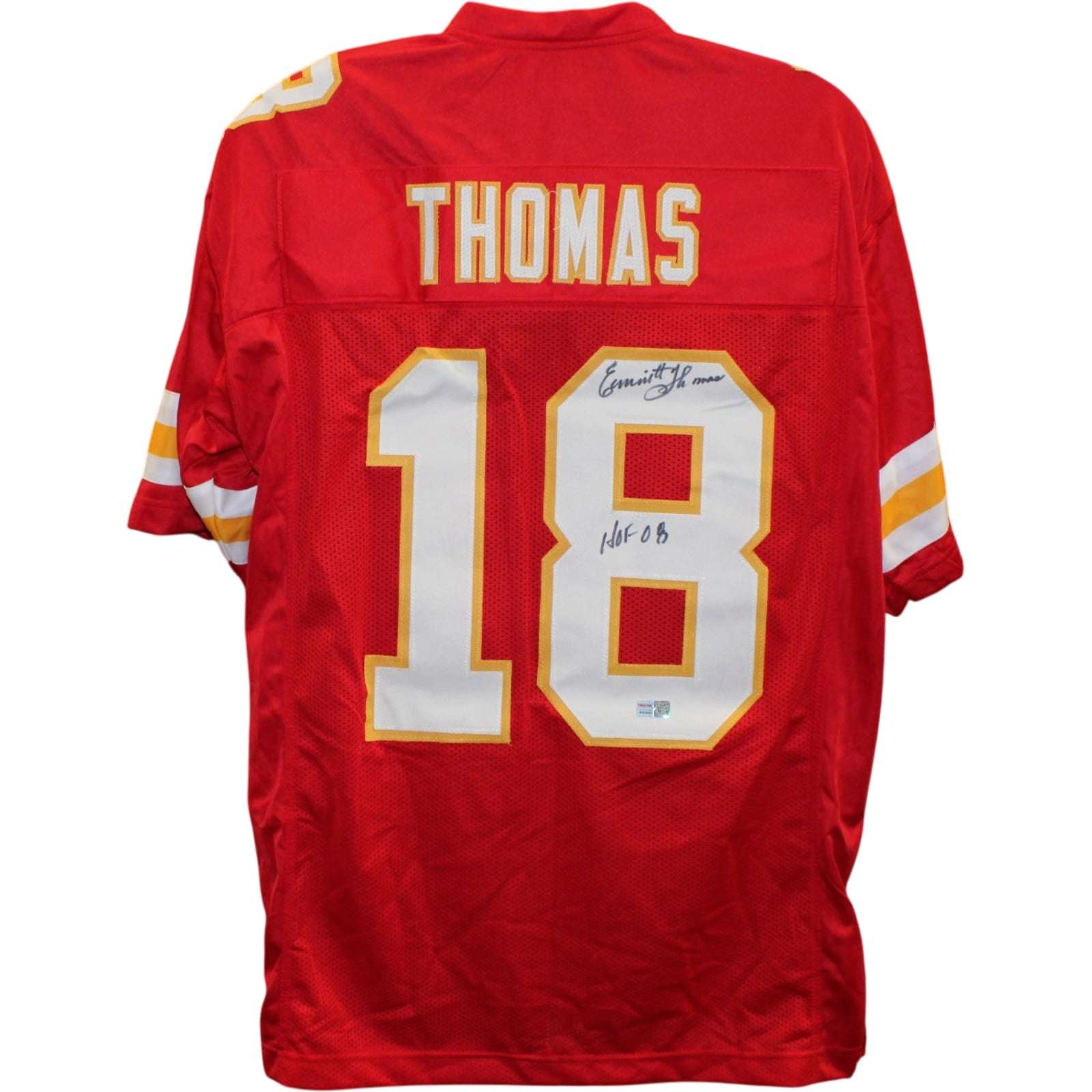 Emmitt Thomas Autographed/Signed Pro Style Jersey Red Size XL HOF 08 TRI 58761 1 Emmitt Thomas Autographed/Signed Pro Style Jersey Red Size XL HOF 08 TRI 58761