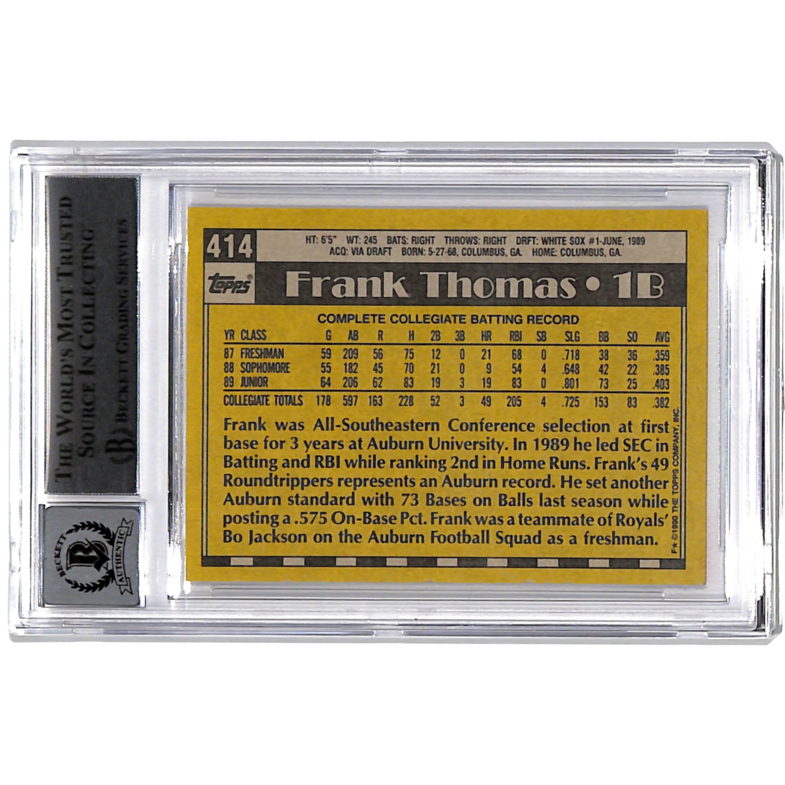 Frank Thomas Signed 1990 Topps #414 Trading Card 10 Auto Slab BAS 44540