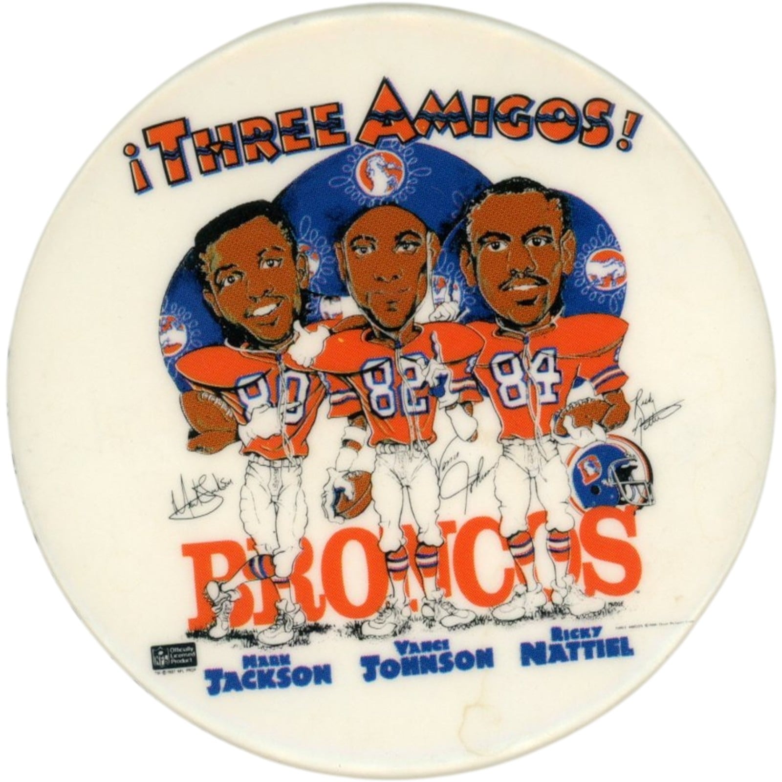 Denver Broncos Three Amigos 1987 Vintage Button Pinback Collectibles 58006