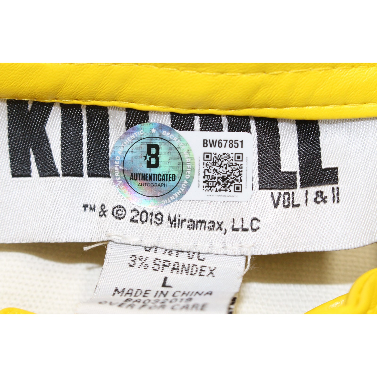 Uma Thurman Autographed Kill Bill Yellow Leather Jackets & Pants Beckett 56559 9 Uma Thurman Autographed Kill Bill Yellow Leather Jackets & Pants Beckett 56559