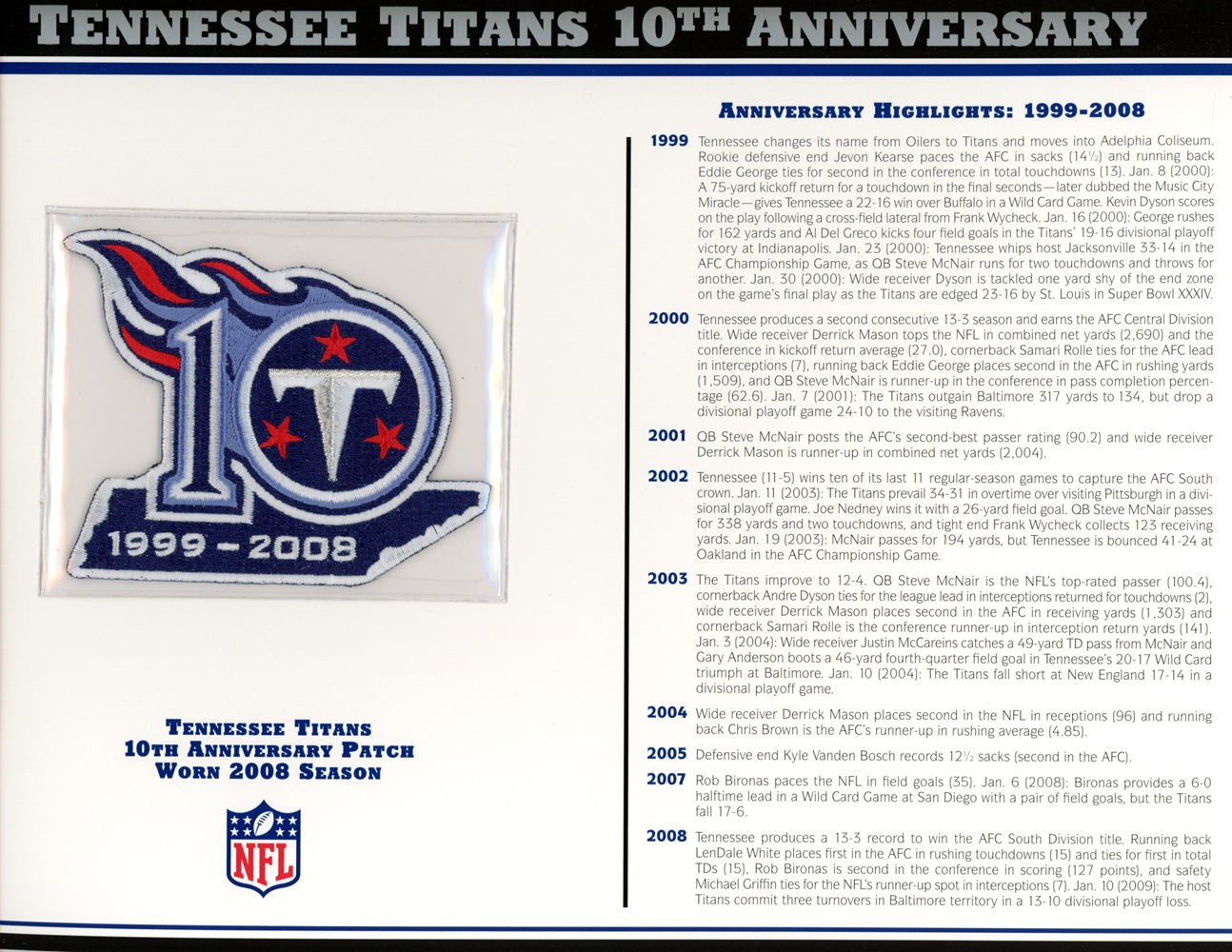Tennessee Titans 10th Anniversary Patch Stat Card Official Willabee & Ward
