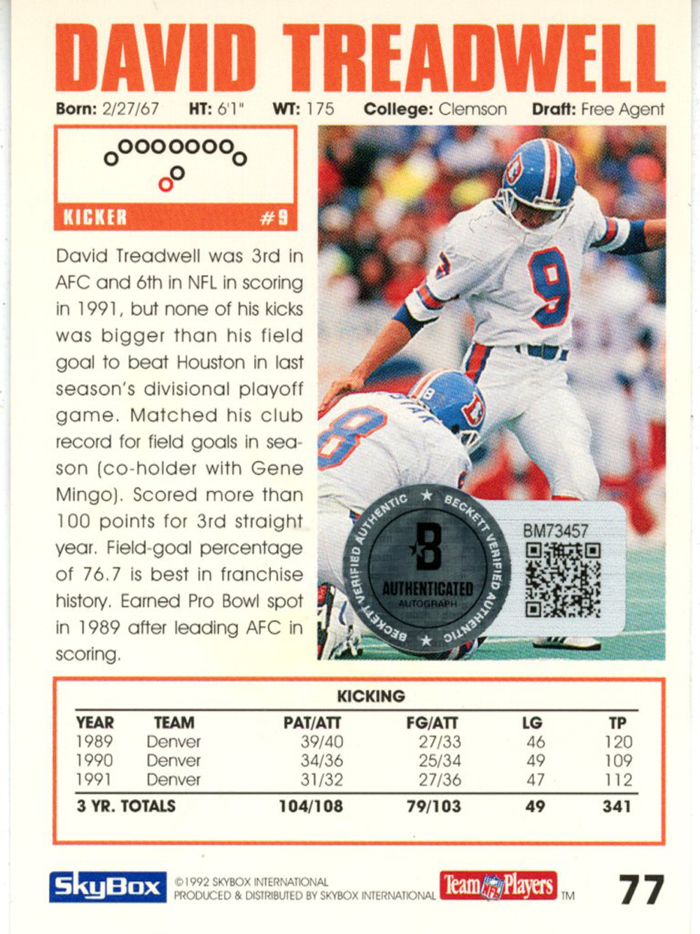 David Treadwell Signed 1992 Skybox #77 Trading Card Beckett 44814