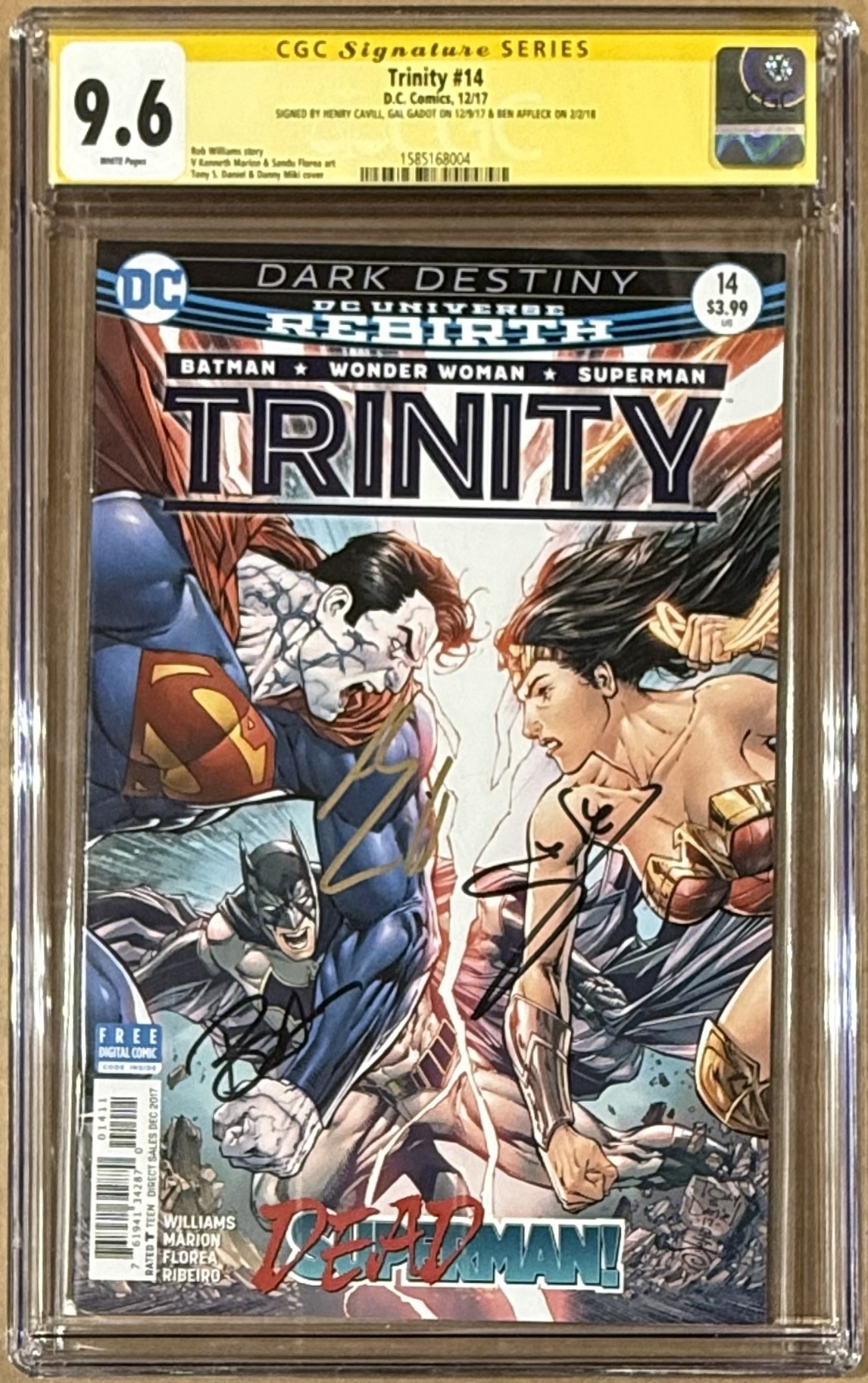 Ben Affleck Gal Gadot Henry Cavill Autographed Trinity DCU #14 CGC 9.6 56592