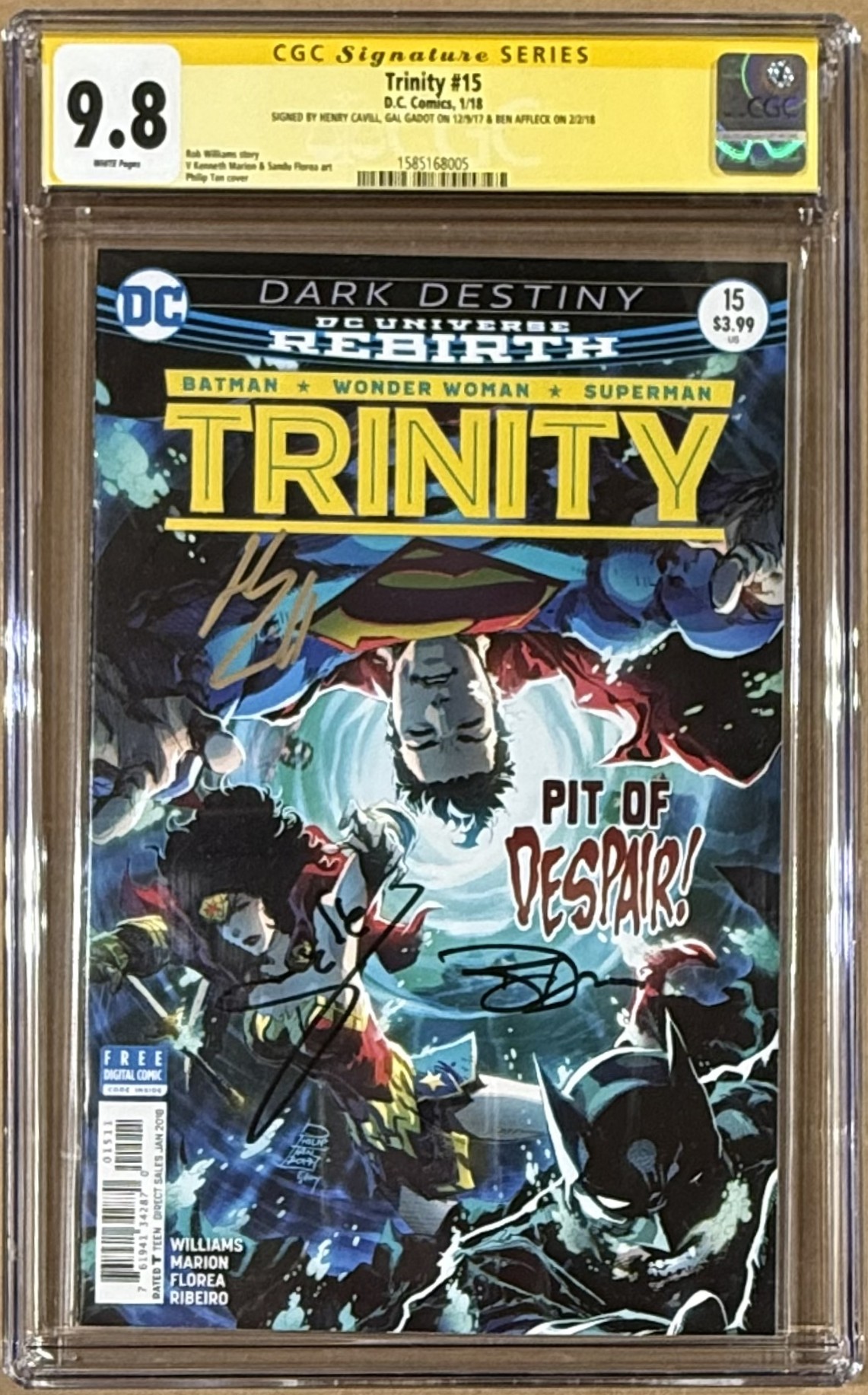 Ben Affleck Gal Gadot Henry Cavill Autographed Trinity DCU #15 CGC 9.8 56590