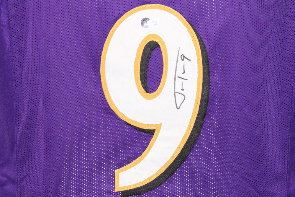 Justin Tucker Autographed/Signed Pro Style Purple XL Jersey Beckett
