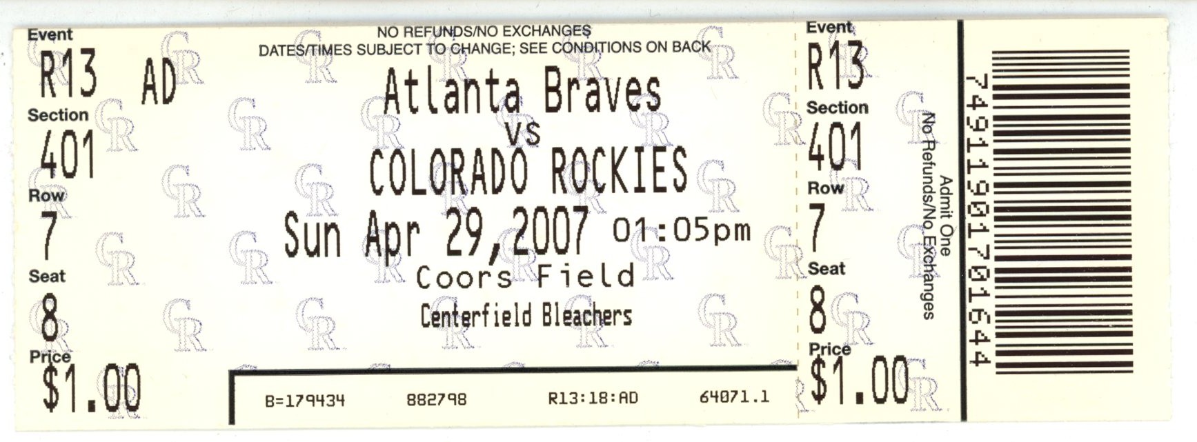 Troy Tulowitzki Colorado Rockies Unassisted Triple Play 04/29/07 Ticket 56239