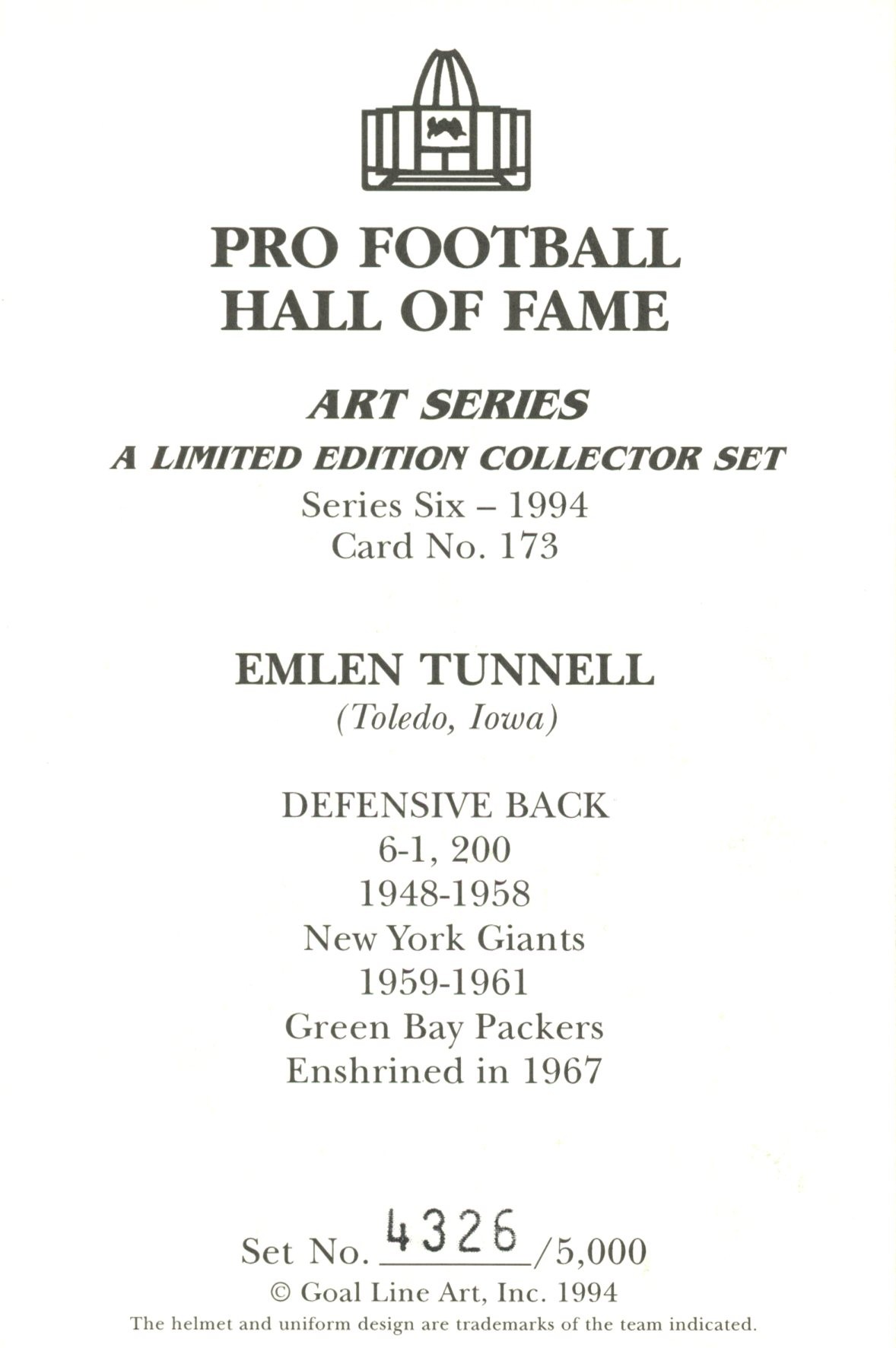 Emlen Tunnell New York Giants Goal Line Art Card Series 6 No Emlen Tunnell New York Giants Goal Line Art Card Series 6 No. 173 LE /5000 58164