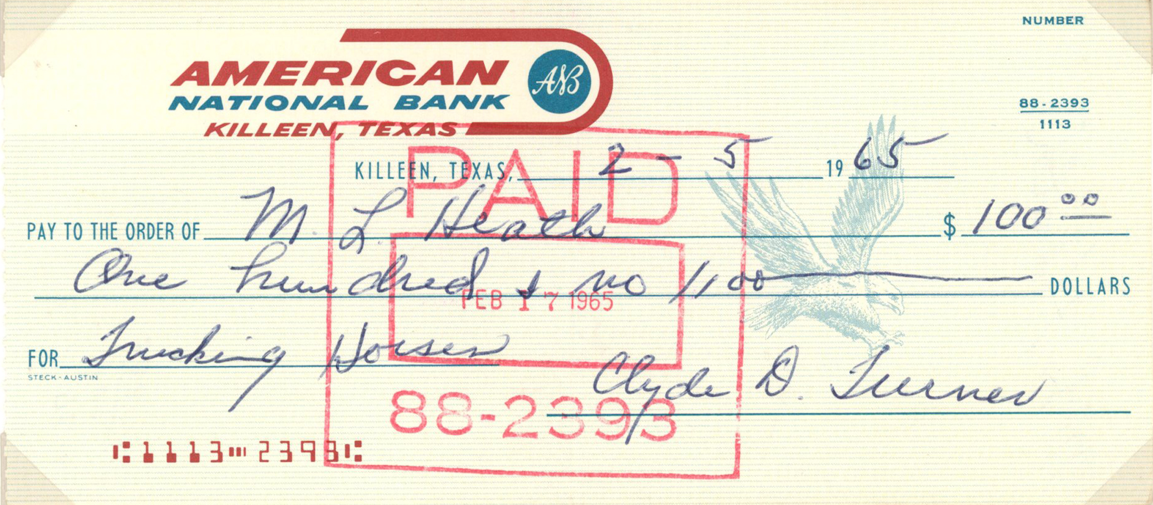 Clyde Bulldog Turner Signed 1965 American National Bank Check