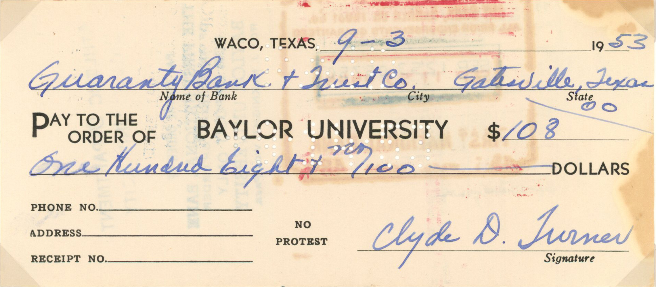 Clyde Bulldog Turner Signed 1953 Waco Texas Baylor University Check