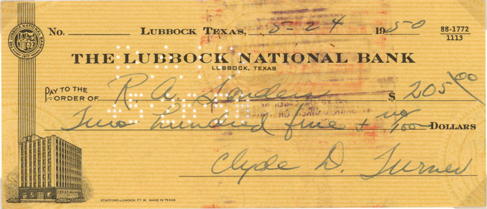 Clyde Bulldog Turner Signed 1950 Lubbock National Bank Check