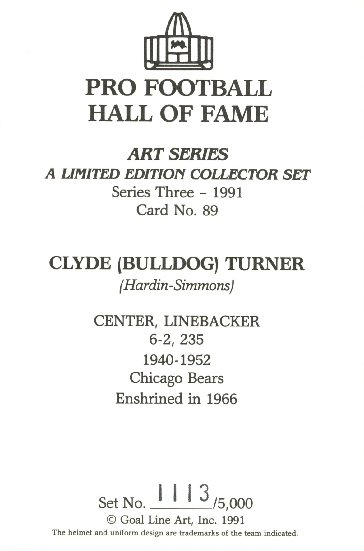 Clyde Bulldog Turner Chicago Bears Goal Line Art Card Series 3 #89 /5000 58165 2 Clyde Bulldog Turner Chicago Bears Goal Line Art Card Series 3 #89 /5000 58165