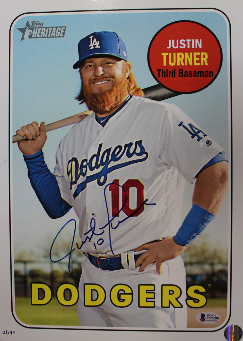Justin Turner Signed Los Angeles Dodgers Topps Heritage 10x14 Card BAS 27319