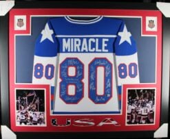USA Hockey Signed Framed Jersey White 18sig Do You Believe in Miracles BAS 58651