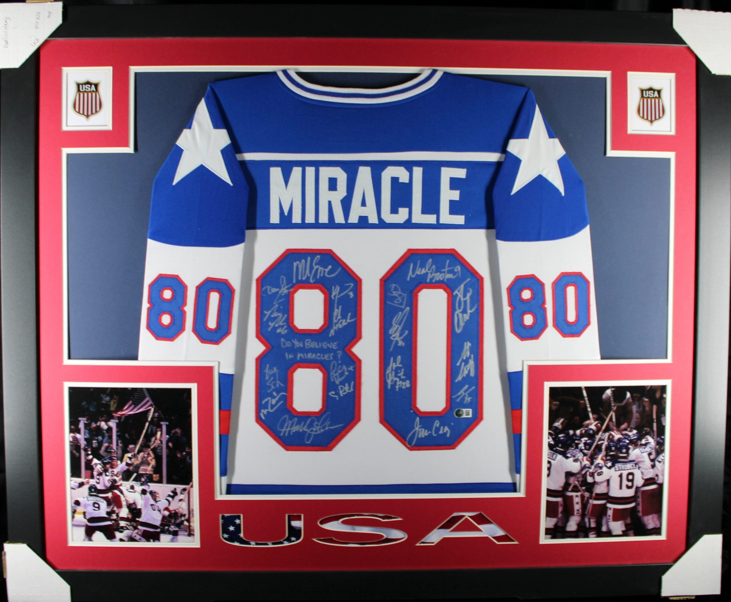 USA Hockey Signed Framed Jersey White 18sig Do You Believe in Miracles BAS 58651 1 USA Hockey Signed Framed Jersey White 18sig Do You Believe in Miracles BAS 58651
