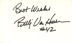 Billy Van Heusen Signed Denver Broncos Index Card Best Wishes BAS 45396