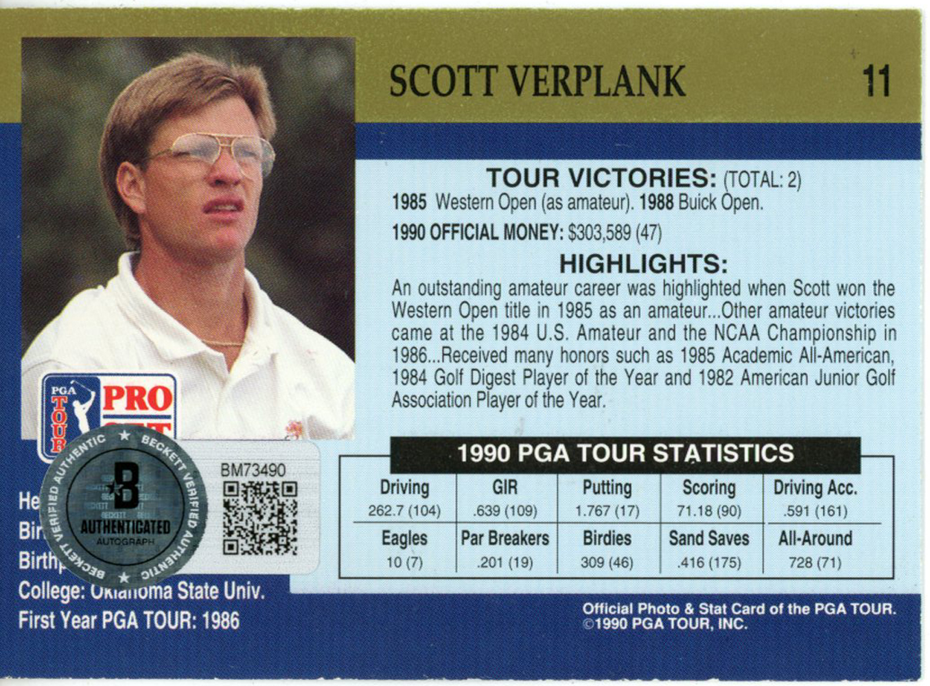 Scott Verplank Autographed 1990 Pro Set #11 Trading Card Beckett 44916