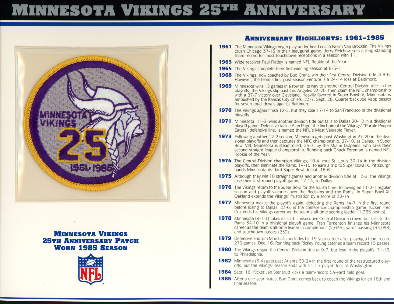 Minnesota Vikings 25th Anniversary Patch Stat Card Official Willabee & Ward