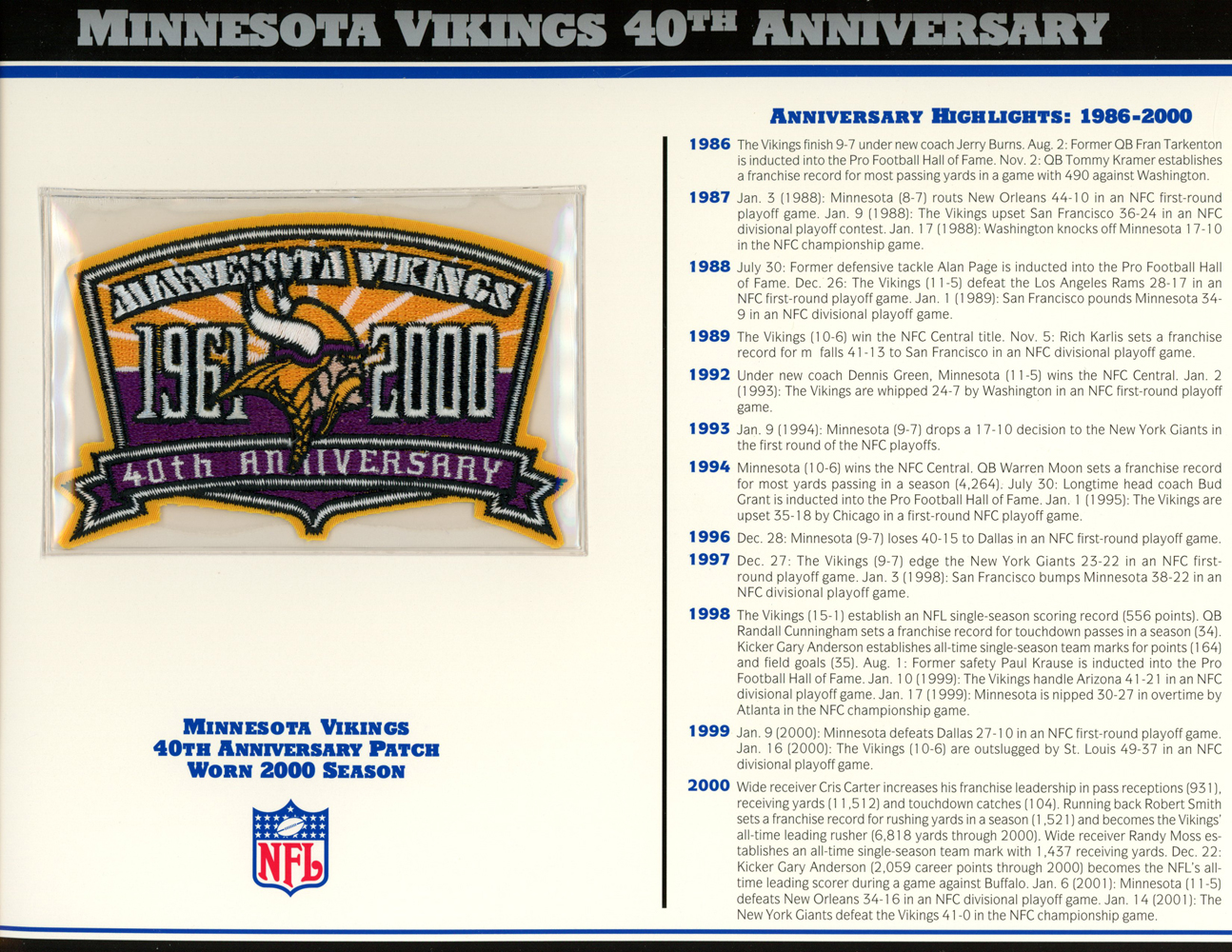 Minnesota Vikings 40th Anniversary Patch Stat Card Official Willabee & Ward
