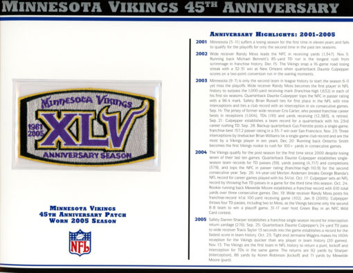 Minnesota Vikings 45th Anniversary Patch Stat Card Official Willabee & Ward