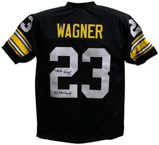 Mike Wagner Autographed/Signed Pro Style Black XL Jersey 4x SB Champs JSA 25129