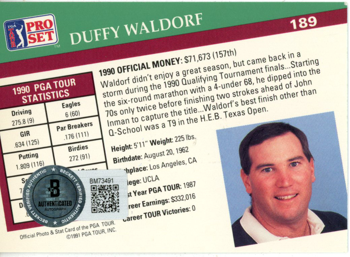 Duffy Waldorf Autographed 1991 Pro Set #189 Trading Card Beckett 44915