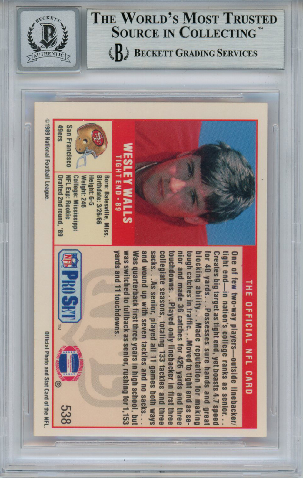 Wesley Walls Autographed/Signed 1989 Pro Set Rookie Card Beckett Slab