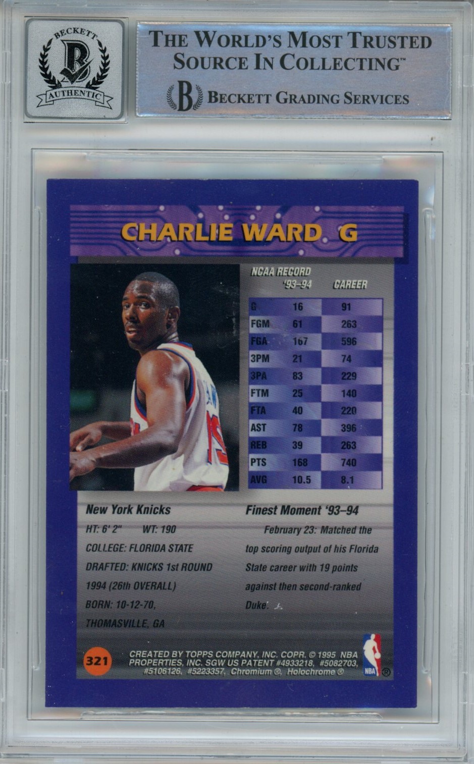 Charlie Ward Signed New York Knicks 1995 Topps #321 Beckett Auto 10