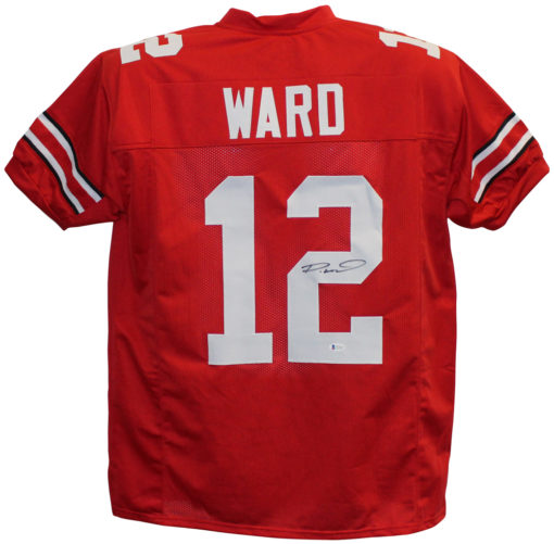 Denzel Ward Autographed/Signed College Style Red XL Jersey JSA 26576