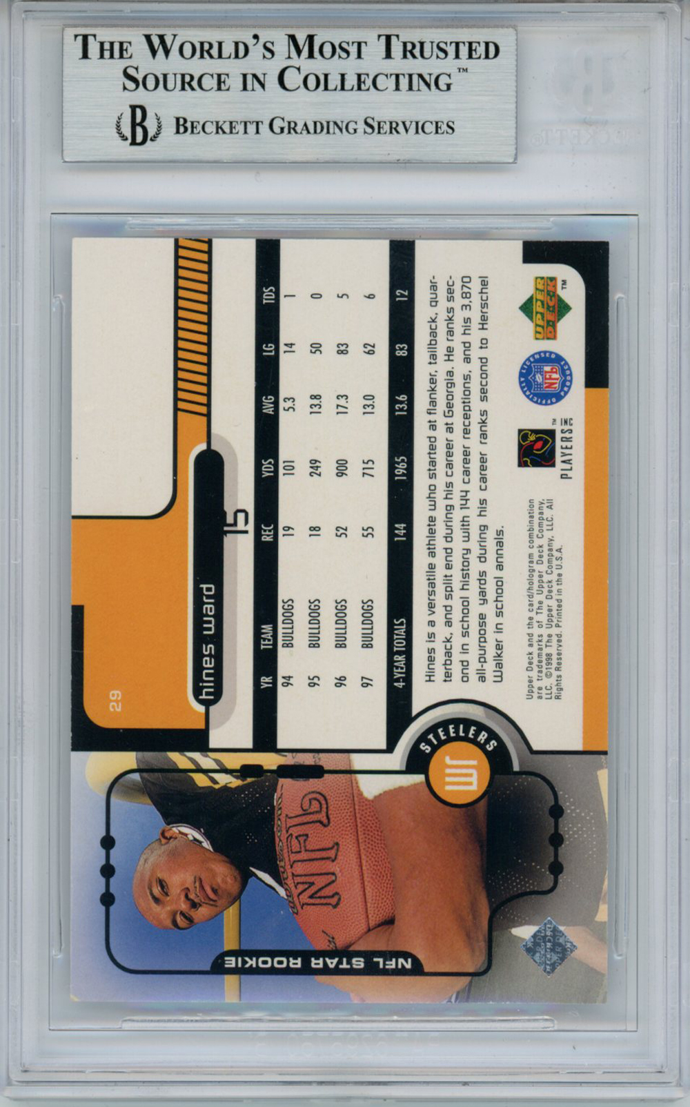 Hines Ward Signed 1998 Upper Deck #29 Rookie Card Beckett Slab