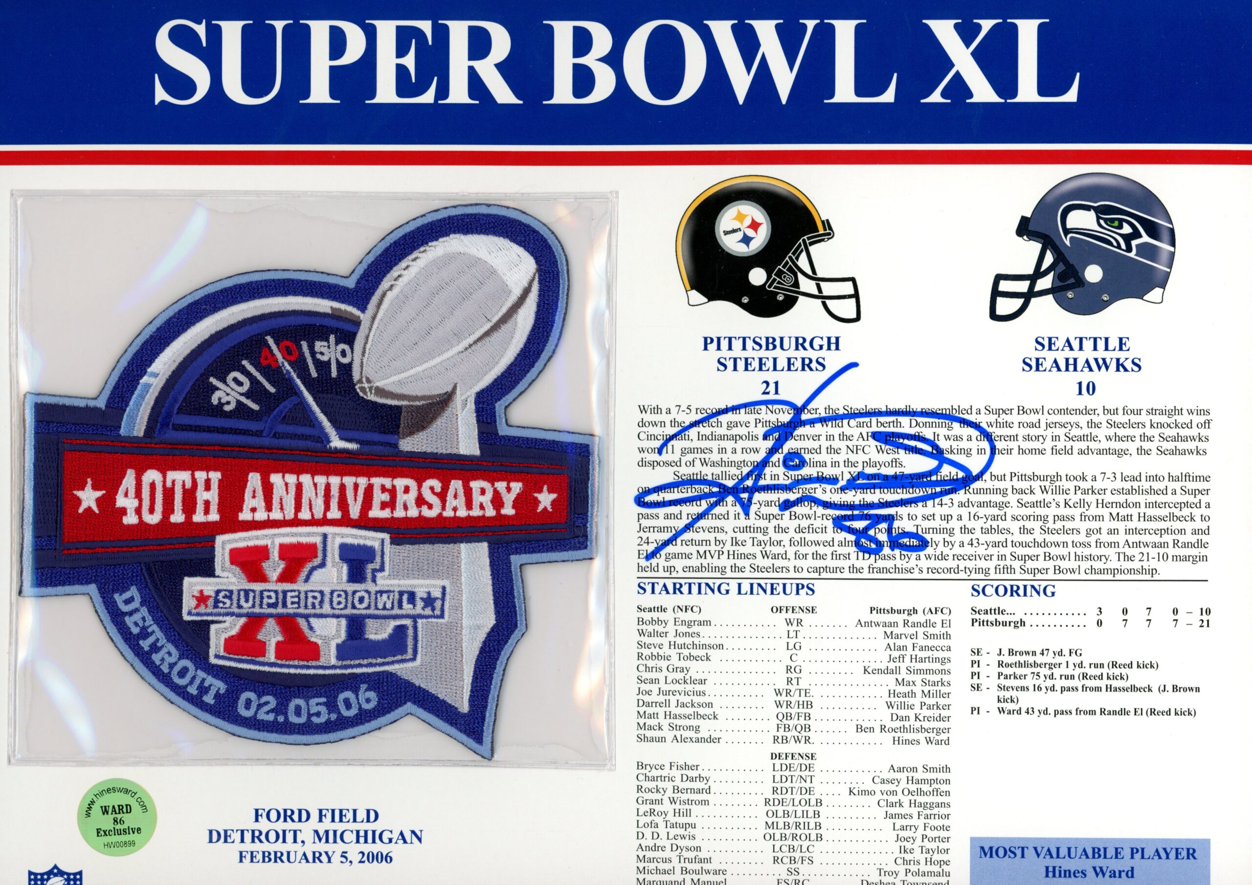 Hines Ward Autographed Pittsburgh Steelers SB XL Patch Stat Card Beckett 54957