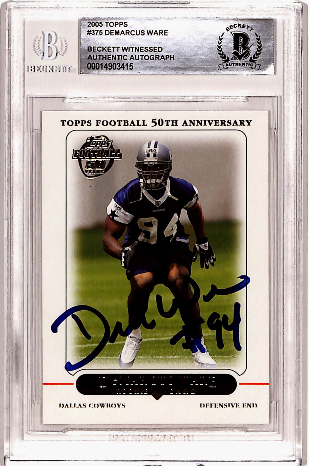 Demarcus Ware Autographed 2005 Topps #375 Rookie Card Beckett Slab