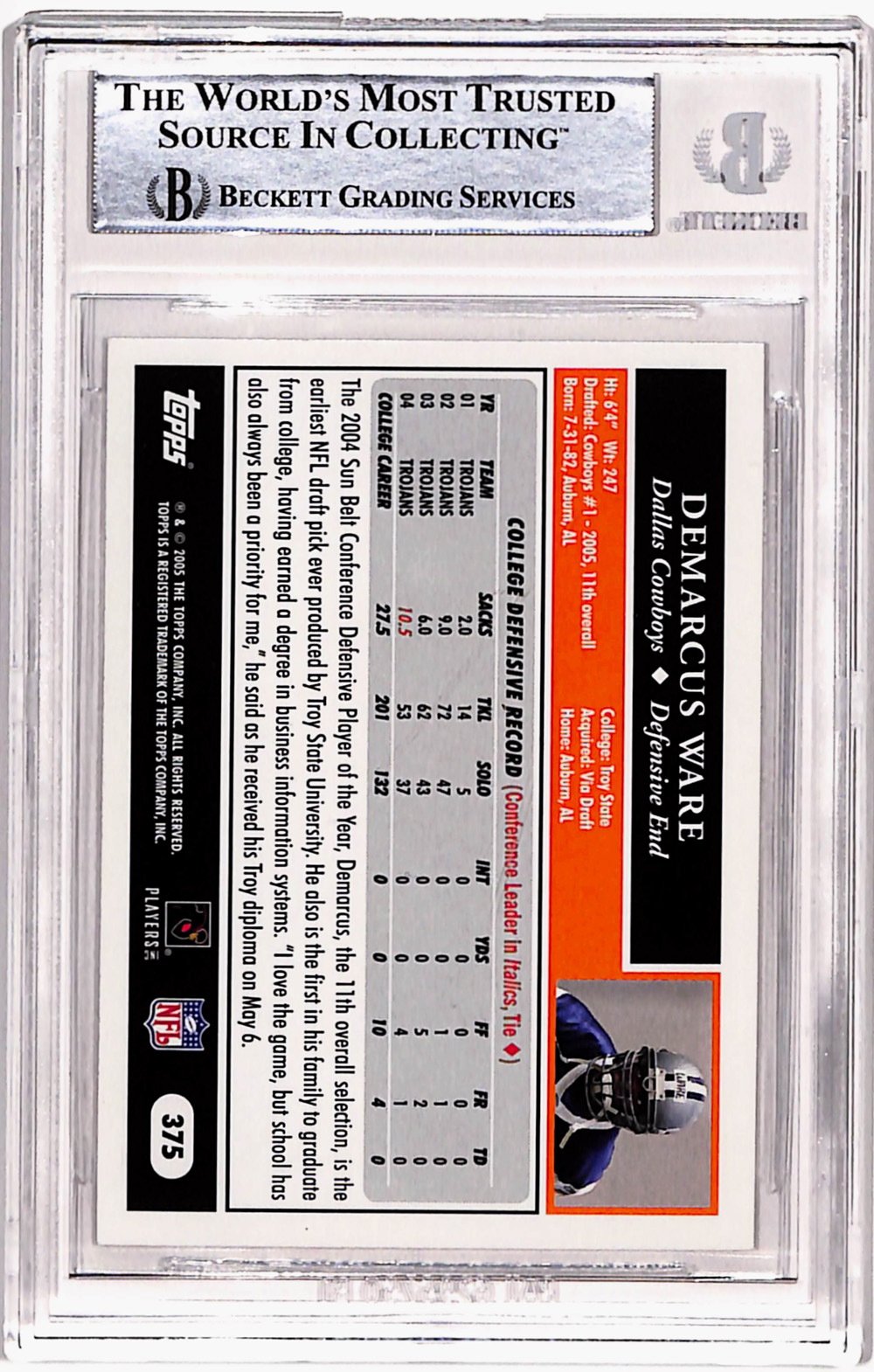 Demarcus Ware Autographed 2005 Topps #375 Rookie Card Beckett Slab