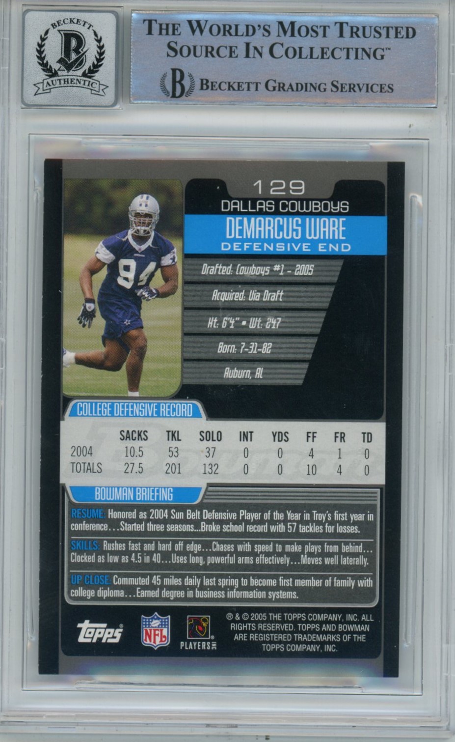 Demarcus Ware Signed Cowboys 2005 Bowman #129 Beckett Auto 10