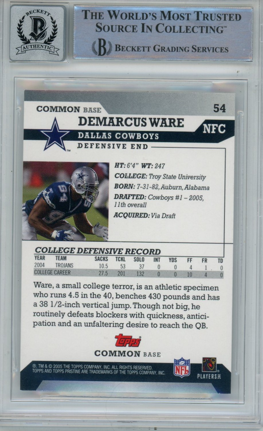 Demarcus Ware Signed Cowboys 2005 Pristine #54 Beckett Auto 10