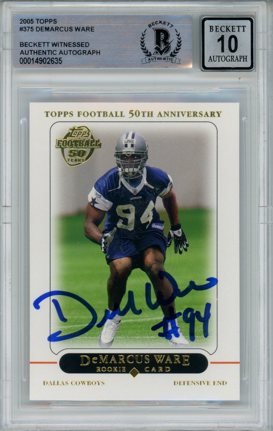 Demarcus Ware Signed Cowboys 2005 Topps #375 Beckett Auto 10