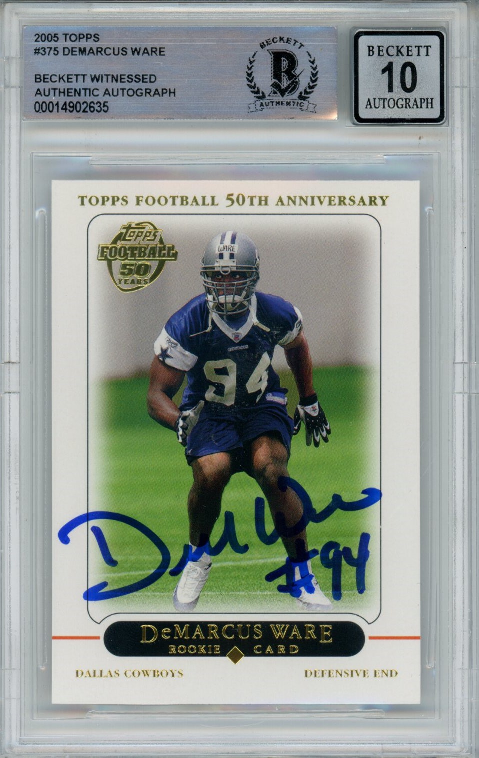Demarcus Ware Signed Cowboys 2005 Topps #375 Beckett Auto 10 