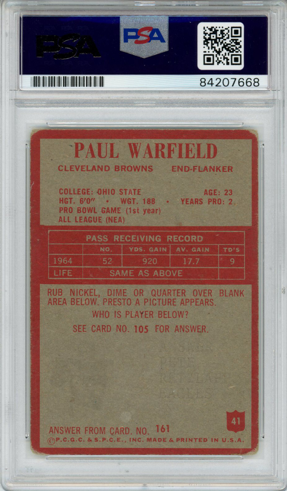 Paul Warfield Signed 1965 Philadelphia #41 Trading Card PSA Slab