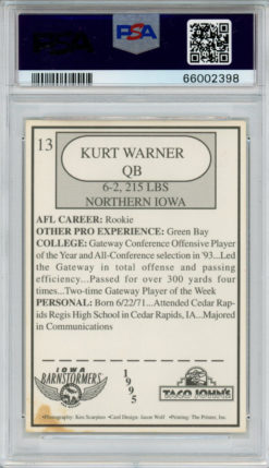 Kurt Warner Signed 1995 Taco John's #13 Trading Card PSA 4 Auto 10 Slab