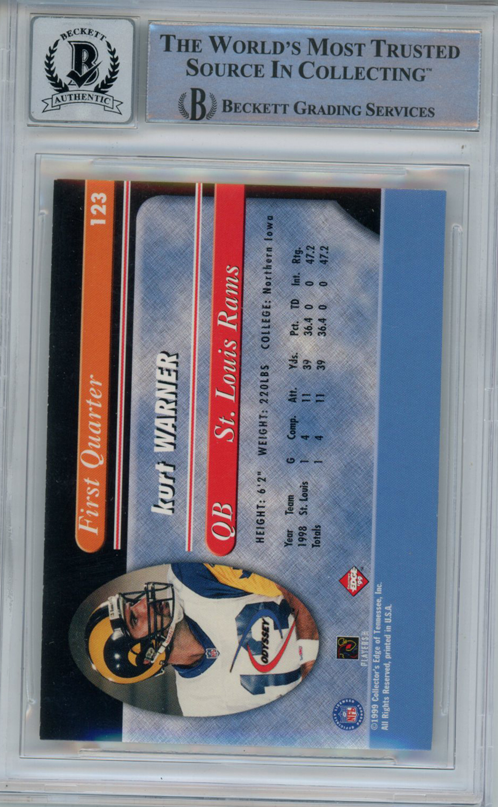 Kurt Warner Signed 1999 Collectors Edge #123 Trading Card BAS 10 Slab