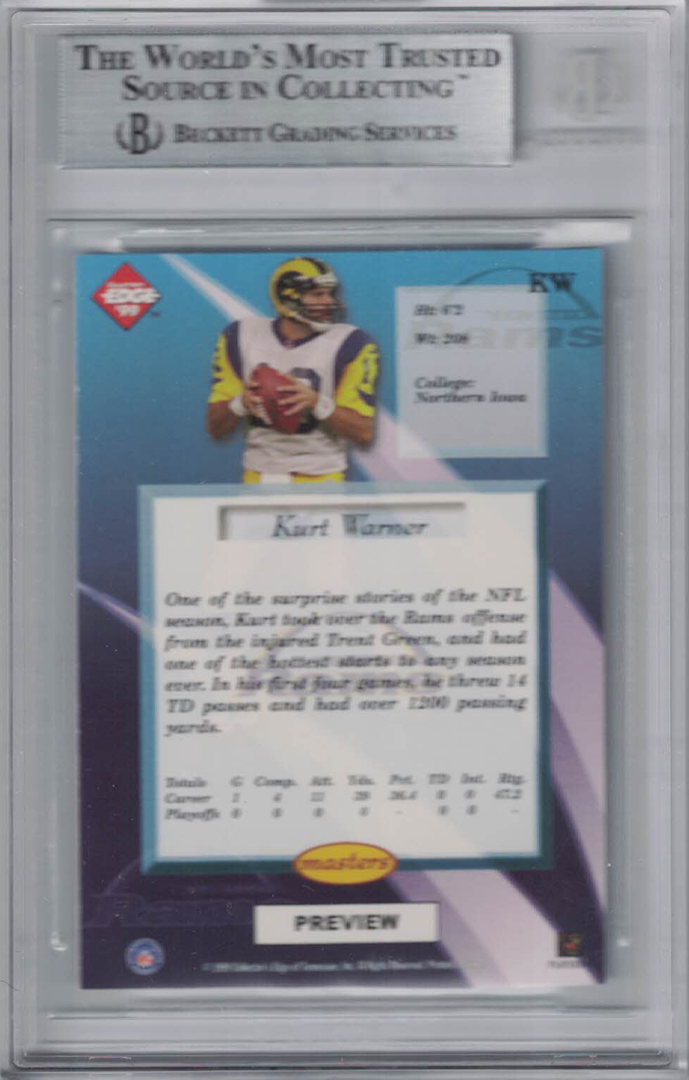 Kurt Warner Autographed 1999 Edge Preview KW Trading Card Beckett Slab