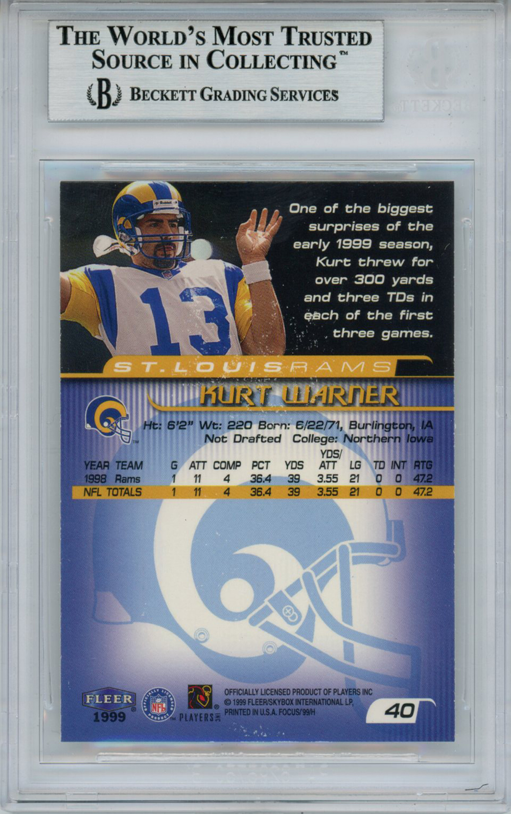 Kurt Warner Autographed 1999 Fleer Focus Rookie Card BAS Slab Denver
